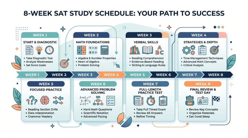 8-week SAT study schedule showing weekly preparation goals