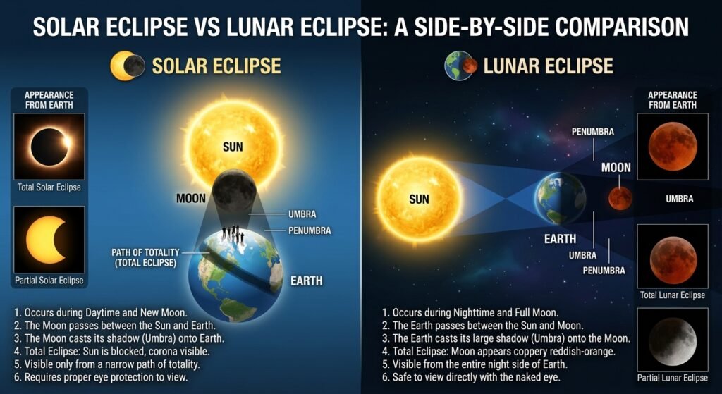 Solar eclipse vs lunar eclipse side by side comparison showing the difference in appearance