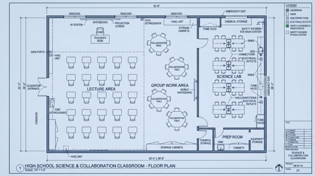 flexible seating arrangement in a modern high school classroom