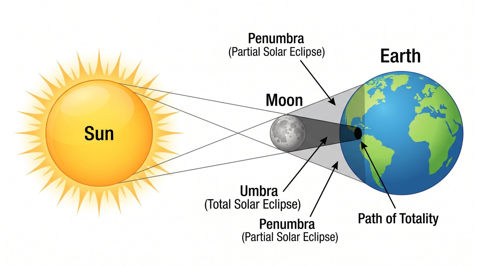 Diagram showing how a solar eclipse occurs when the Moon passes between the Sun and Earth
