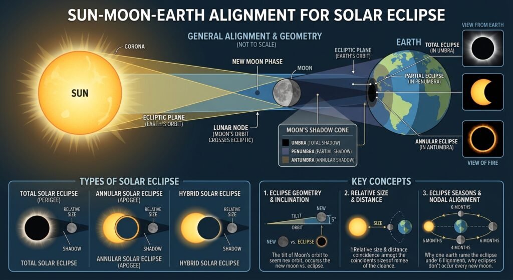 Diagram showing how a solar eclipse occurs when the Moon passes between the Sun and Earth